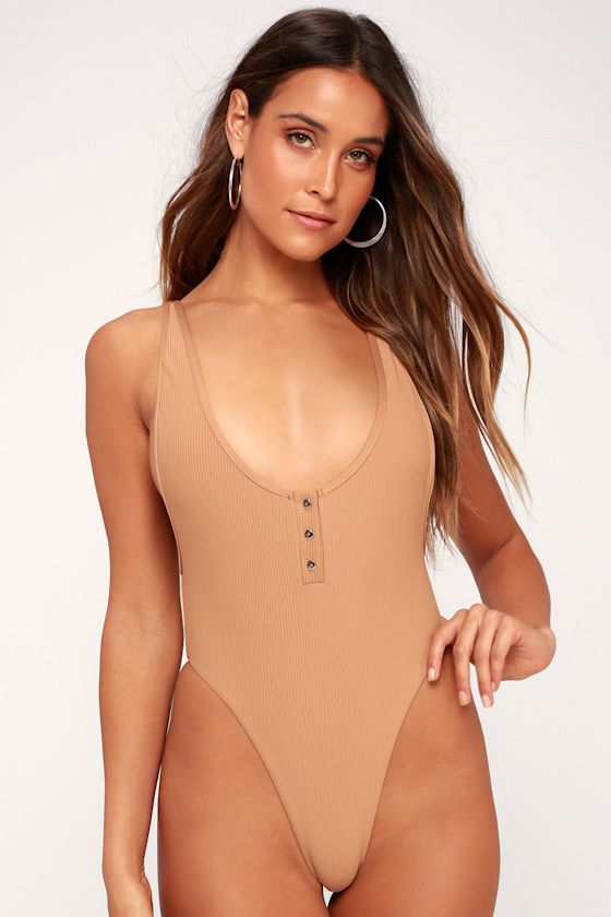 Adele Nude Ribbed High-Cut One-Piece Swimsuit 1