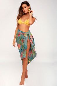 So Right Sarong Teal Green Tropical Print Swim Cover-Up
