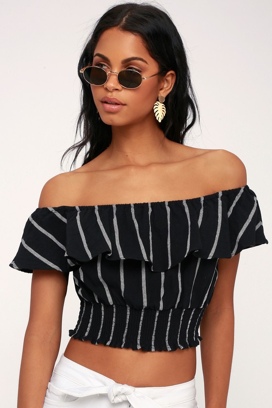 Cute Black Striped Off-the-Shoulder Top - OTS Crop Top - Lulus