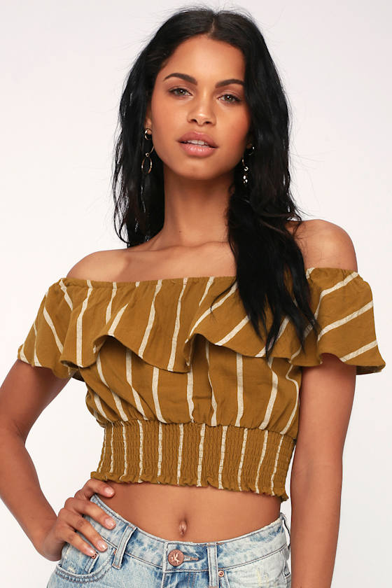 Dark Mustard Striped OfftheShoulder Top OTS Crop Top Lulus