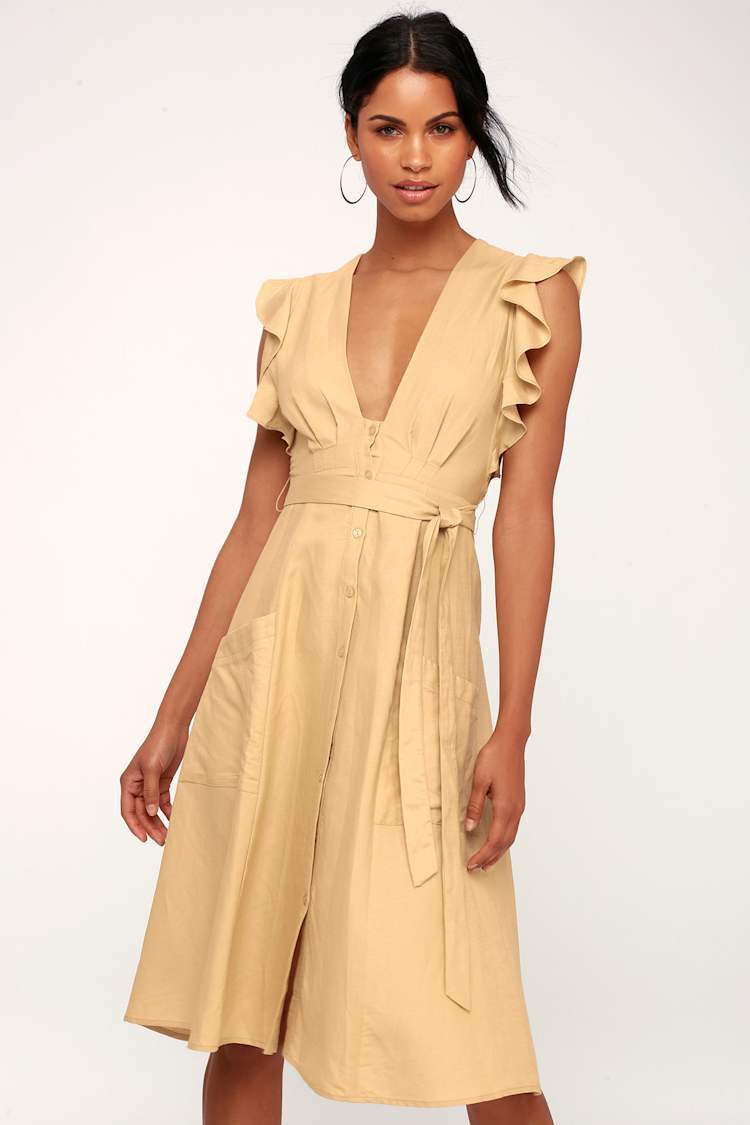 ASTR the Label Carolina - Beige Button-Front Midi Dress - Lulus ASTR the Label Carolina - Beige Button-Front Midi Dress - Lulus