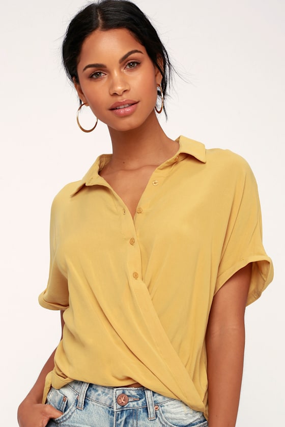 Mustard Yellow Top ButtonUp Top Twisted Hem Top Lulus