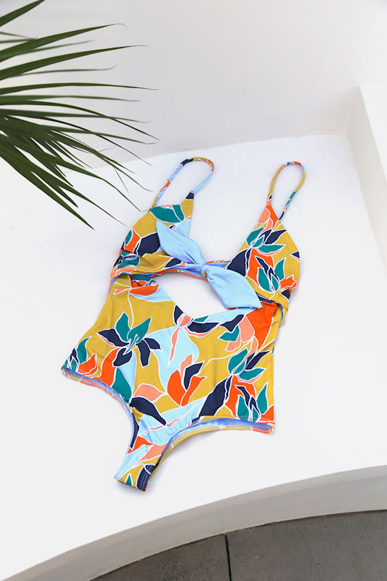 Karissa Yellow Floral Print Tie-front Cutout One-Piece Swimsuit 5