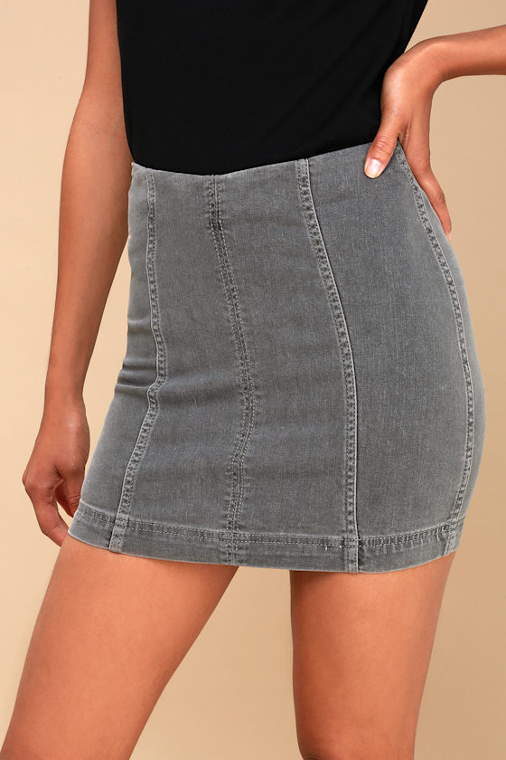 Free People Modern Femme Grey Denim Skirt Mini Skirt Lulus