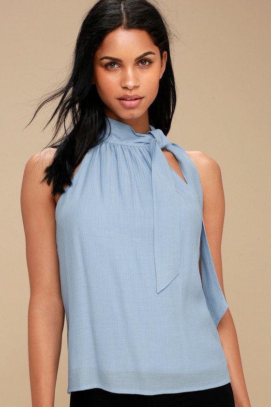 Cath Light Blue Sleeveless Tie Neck Top