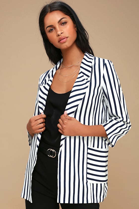 Blue and White Blazer Striped Blazer Satin Blazer Lulus