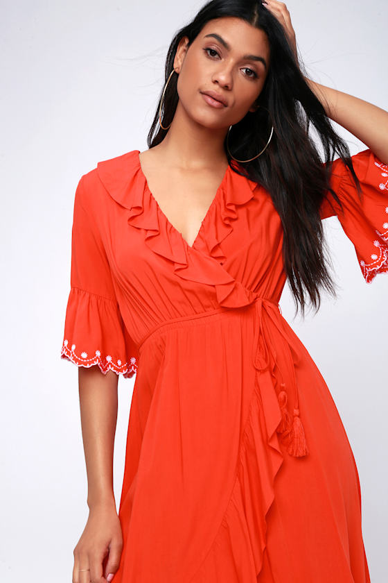 Giardini Red Embroidered Wrap Midi Dress 4