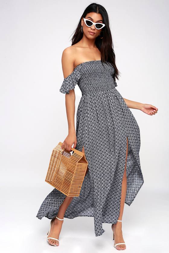 Catch the Sun Navy Blue Print Off-the-Shoulder Maxi Dress 1
