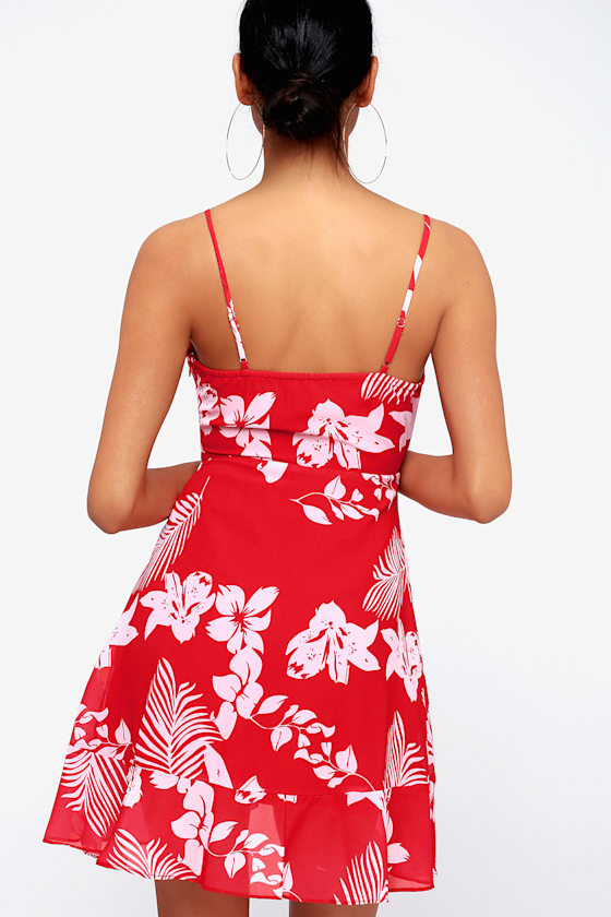 Islet It Be Red Tropical Print Ruffled Mini Dress 3