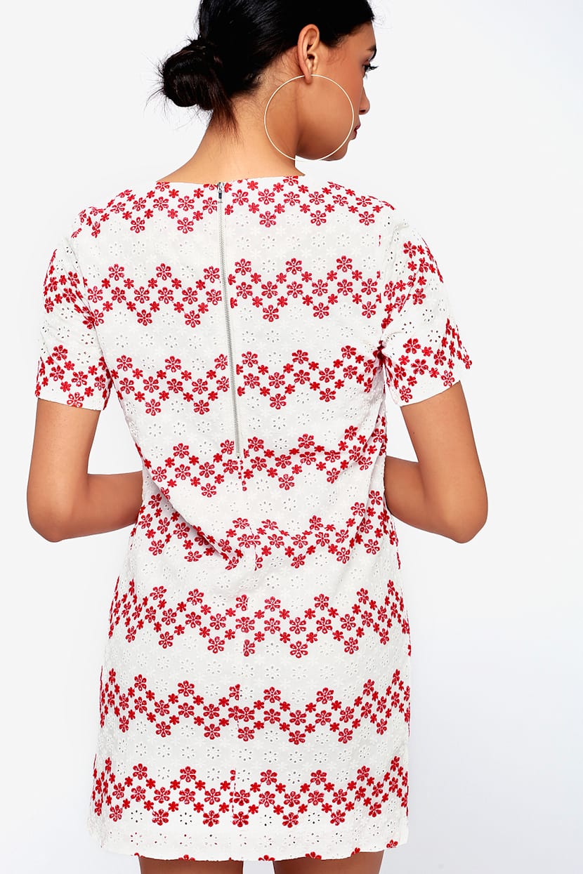 Cute Red and White Floral Dress - Embroidered Shift Dress - Lulus