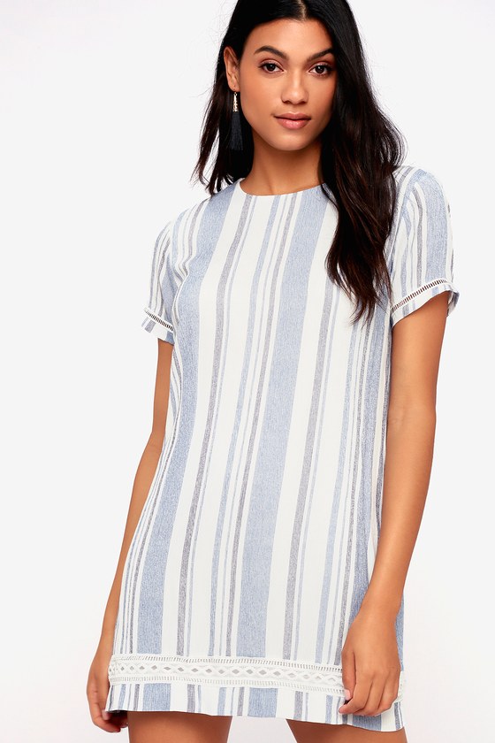 blue and white shift dress