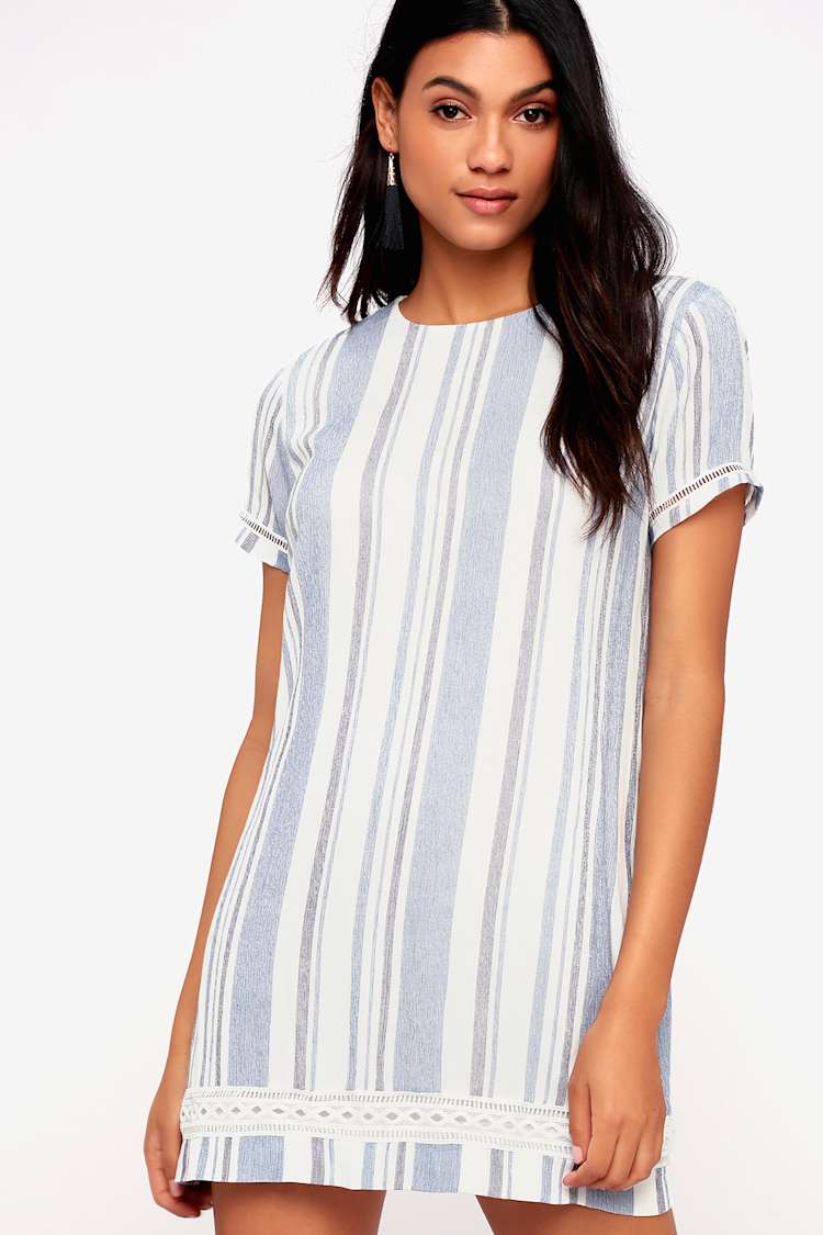 Cute Blue and White Striped Dress - Short Sleeve Shift Dress - Lulus