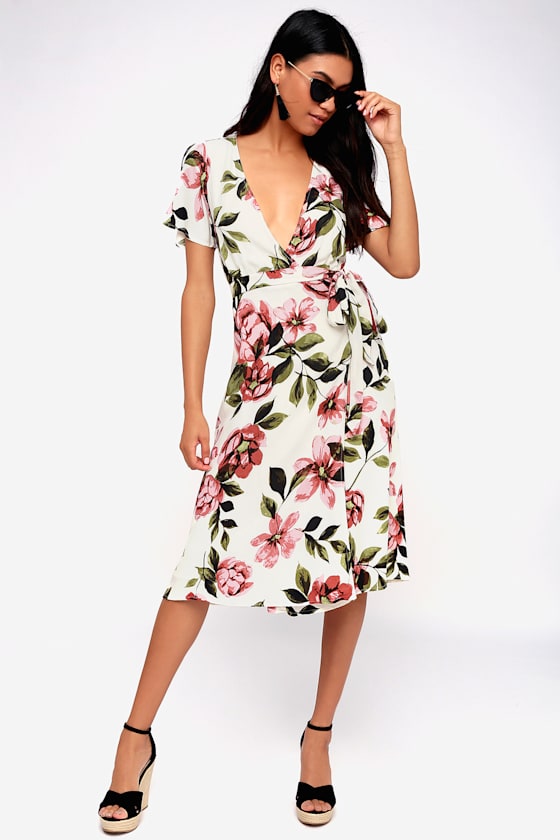 Cream Floral Print Dress Wrap Dress Midi Dress Lulus