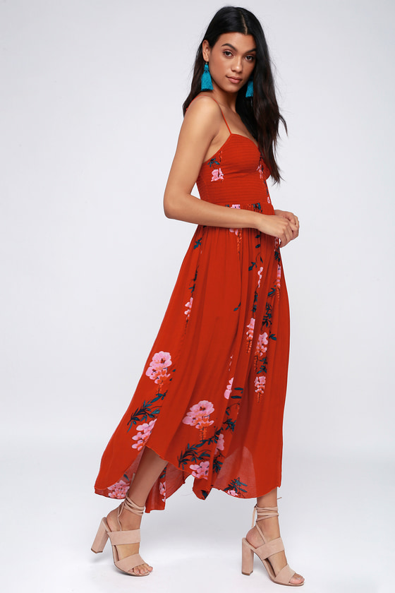Free People Beau - Red Floral Dress - Smocked Maxi Dress - Lulus
