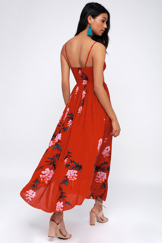 Free People Beau - Red Floral Dress - Smocked Maxi Dress