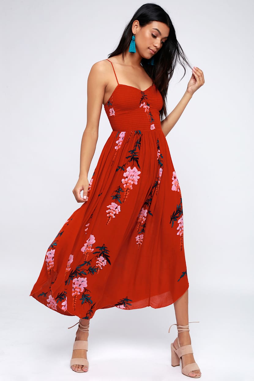 Free People Beau - Red Floral Dress - Smocked Maxi Dress - Lulus