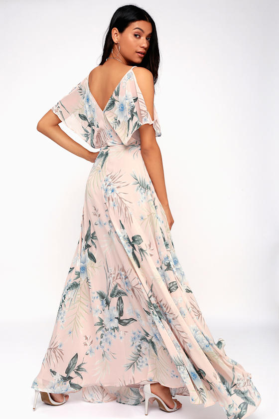 Lovely Pink Tropical Print Dress ColdShoulder Maxi Dress Lulus