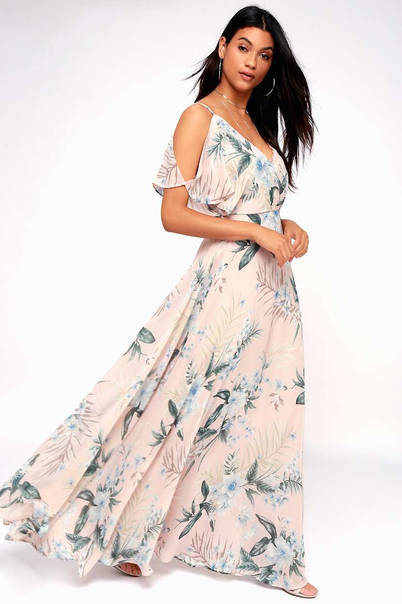Lovely Pink Tropical Print Dress - Cold-Shoulder Maxi Dress - Lulus