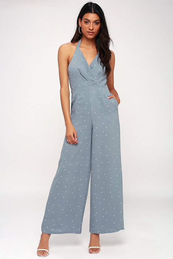 Ravina Slate Blue Polka Dot Halter Wide-Leg Jumpsuit 1