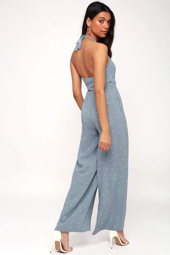 Ravina Slate Blue Polka Dot Halter Wide-Leg Jumpsuit 2