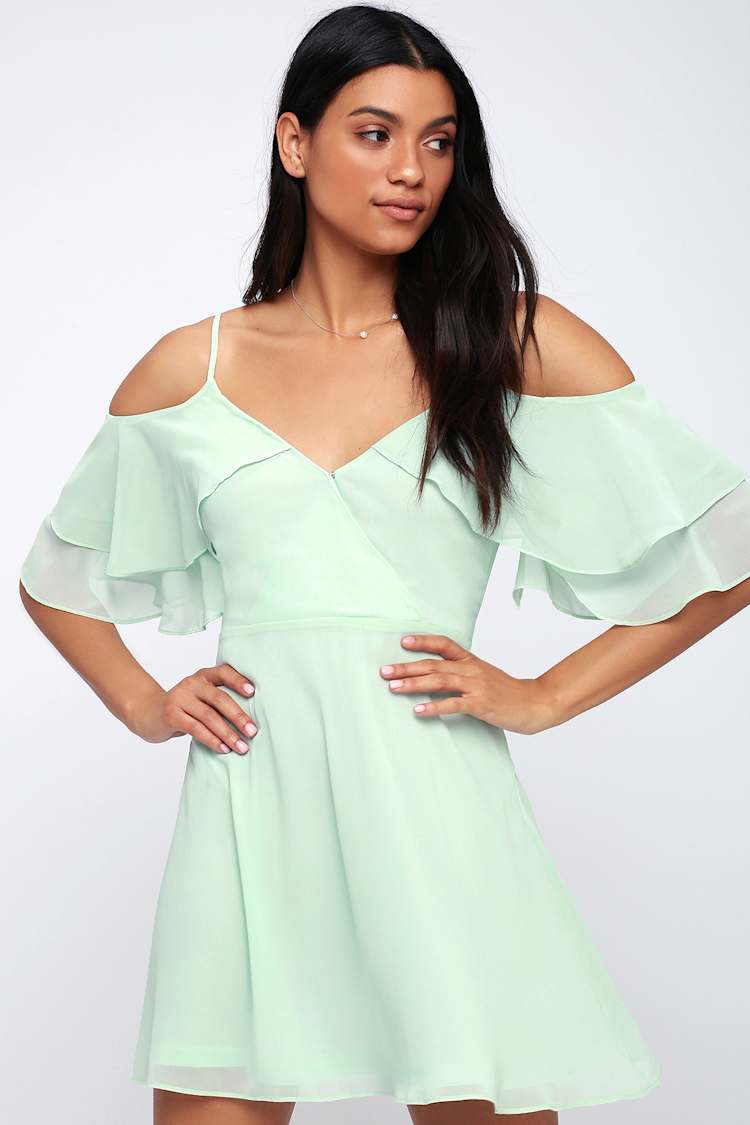 Cute Mint Green Dress - Mint Off-the-Shoulder Skater Dress - Lulus