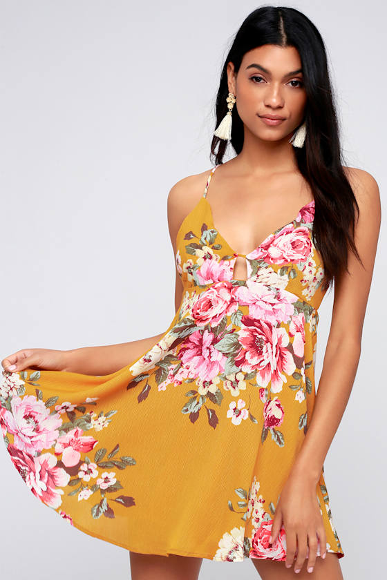 Mustard Yellow Floral Print Dress Yellow Swing Dress Lulus