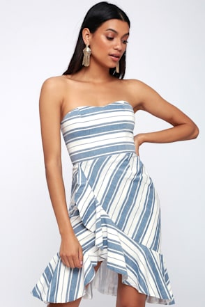 Lovely Blue and White Striped Dress - Strapless Midi Dress - Lulus