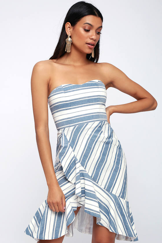 Lovely Blue and White Striped Dress Strapless Midi Dress Lulus