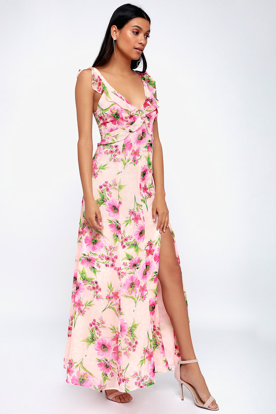 Elegant Blush Pink Dress - Floral Print Dress - Maxi Dress - Lulus