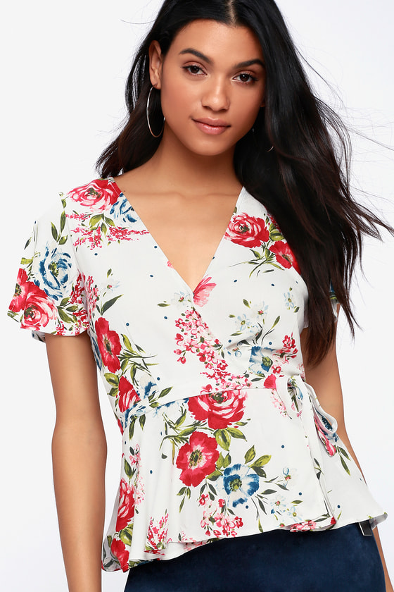 Lovely White Floral Print Top - Floral Print Wrap Top - Lulus
