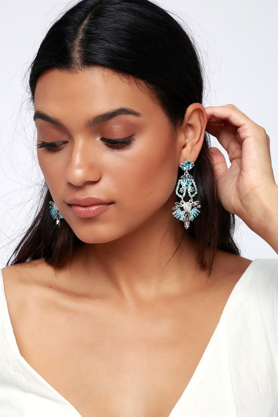Silver and Blue Rhinestone Earrings - Statement Earrings