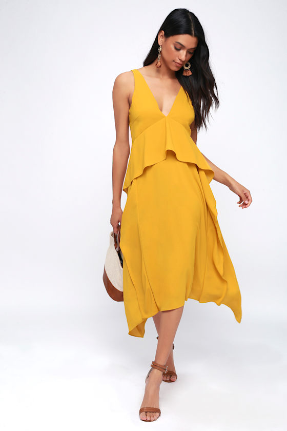 Adelyn Rae Bea Mustard Yellow Midi Dress Ruffled Dress Lulus