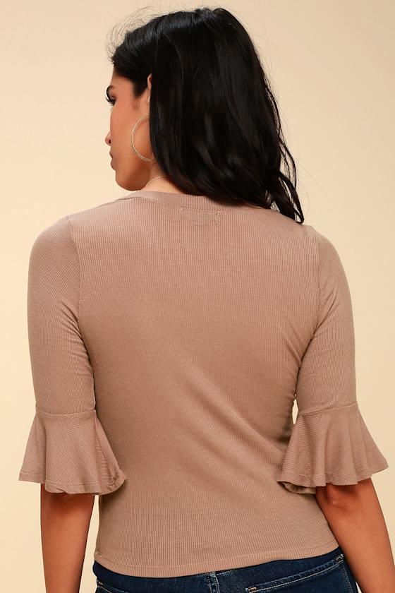 Calloway Light Brown Ribbed Flounce Sleeve Top 4