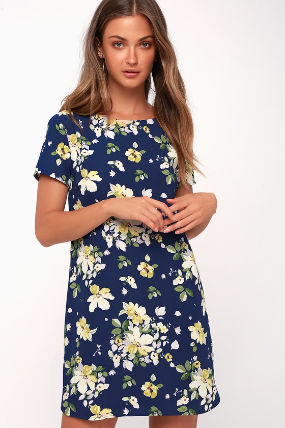 navy blue dress with yellow flowers