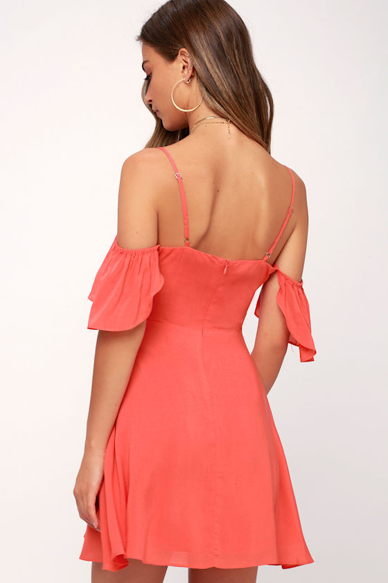 Finney Coral Pink Off-the-Shoulder Skater Dress 4