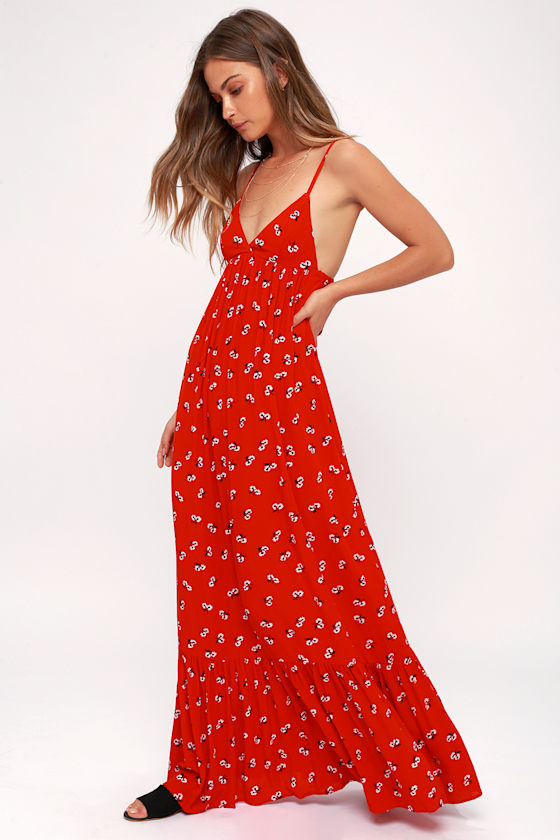 Flamed Out Red Floral Print Backless Maxi Dress 3