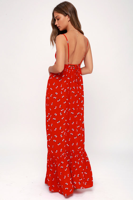 Flamed Out Red Floral Print Backless Maxi Dress 4