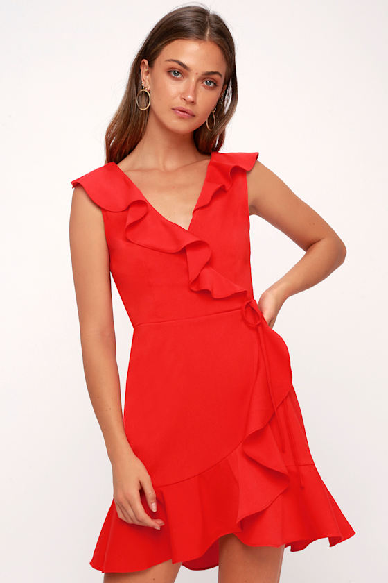 Red Dress With Ruffle Bottom 2026.J.O.A. - Red Dress - Red Ruffled Dress - Red Wrap Dress - Lulus