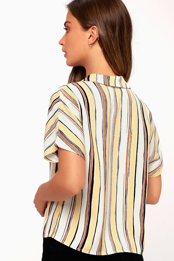 First Monday Yellow Striped ButtonUp Top Collared Top Lulus