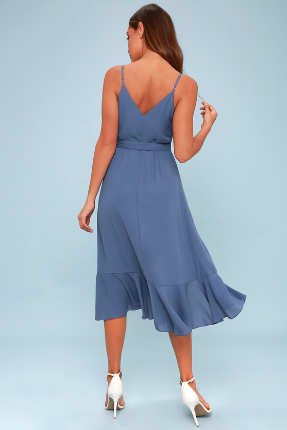 Cute Wrap Dress - Midi Dress - Blue Dress - Ruffled Dress