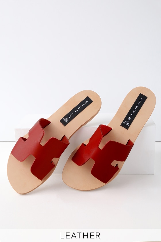 red flat slide sandals