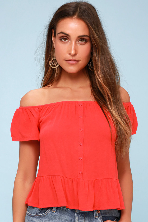 Others Follow Panorama - Coral Red Off-the-Shoulder Top - Lulus