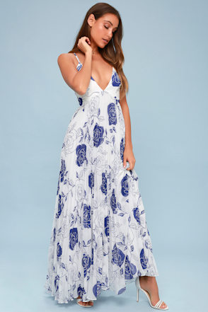 lulus blue and white dress Lovely Blue and White Dress - Floral Print Dress -Midi Dress