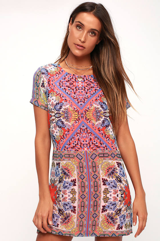 Sangria Coral Pink Tile Print Shift Dress 8