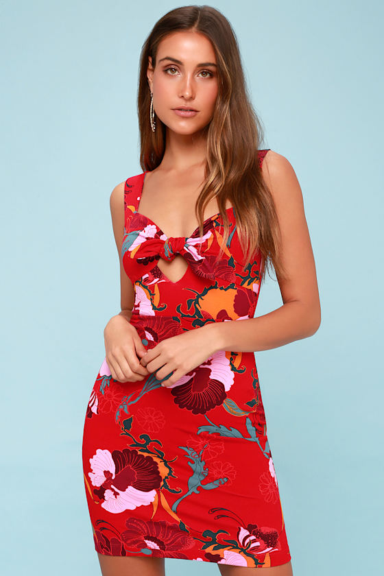 Sweet Cherry Red Floral Print Bodycon Dress 7