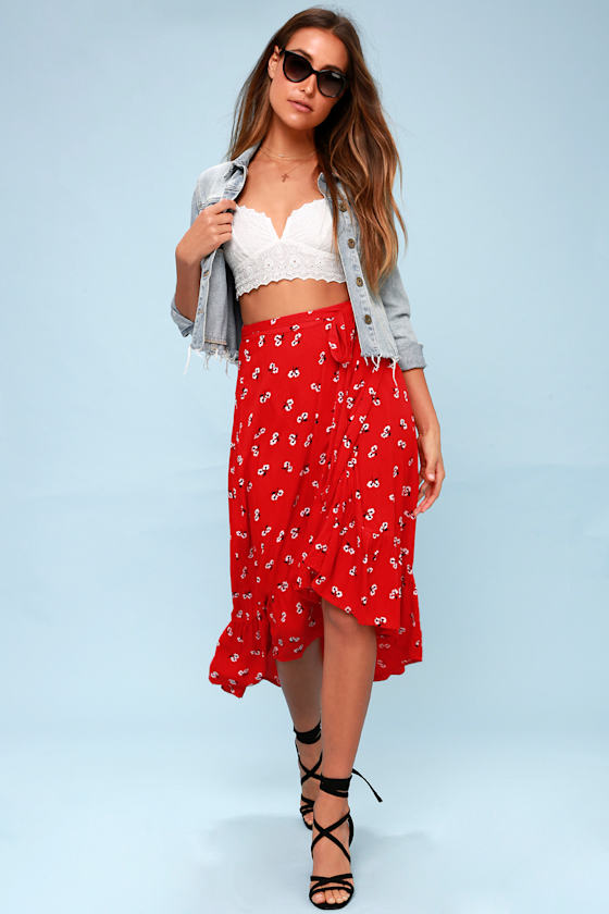 Dancing Til Dawn Red Floral Print Midi Wrap Skirt 1