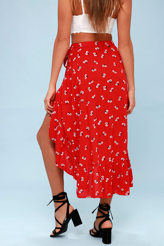 Dancing Til Dawn Red Floral Print Midi Wrap Skirt 4