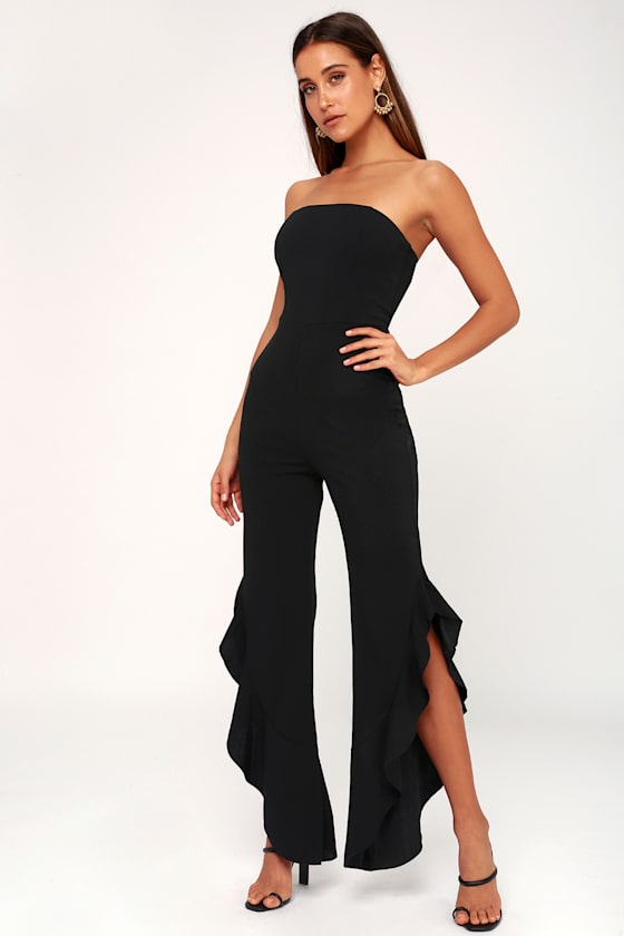 Strapless Backless Flounce Plain Jumpsuits