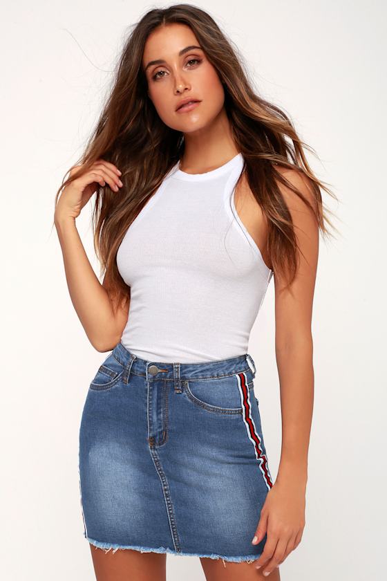 Amberley Medium Wash Side Stripe Denim Mini Skirt 1