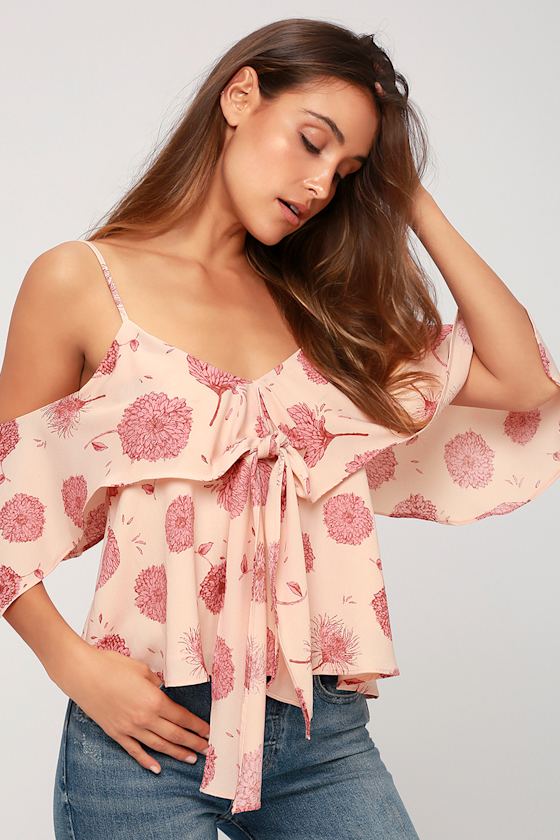 Robina Blush Pink Floral Print Tie-Front Off-the-Shoulder Top 1